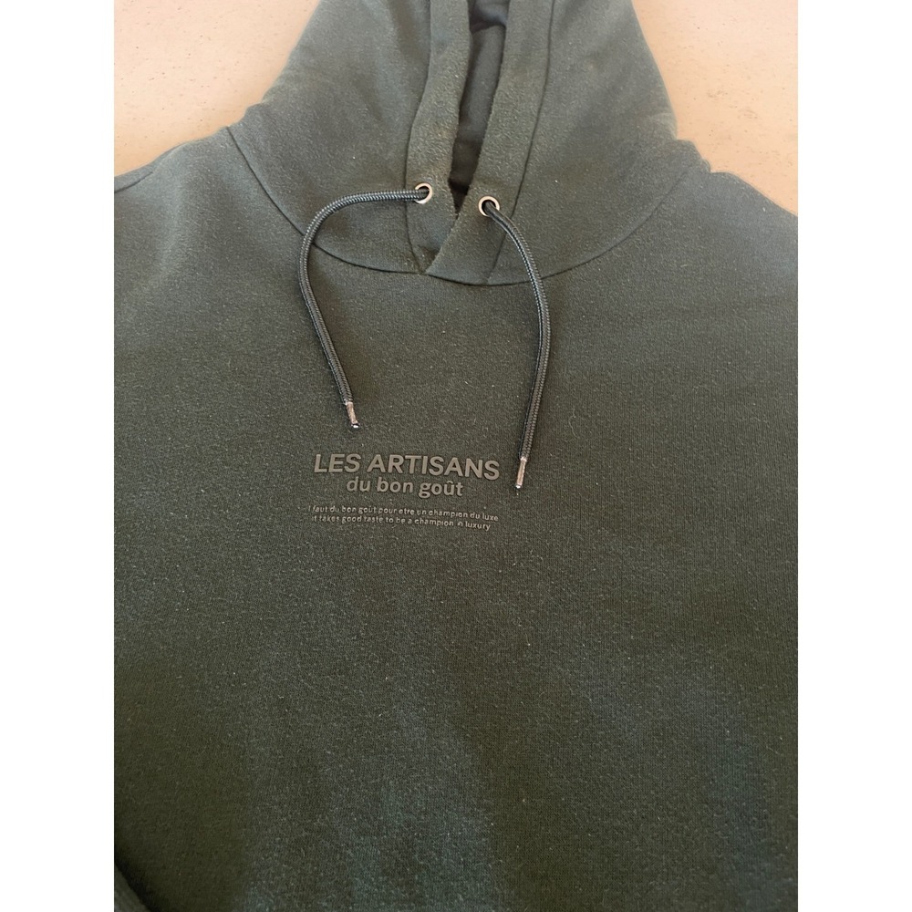 HM Mens Les Artisans Du Bon Gout‎ Graphic Hoodie Dark Green Large Distressed